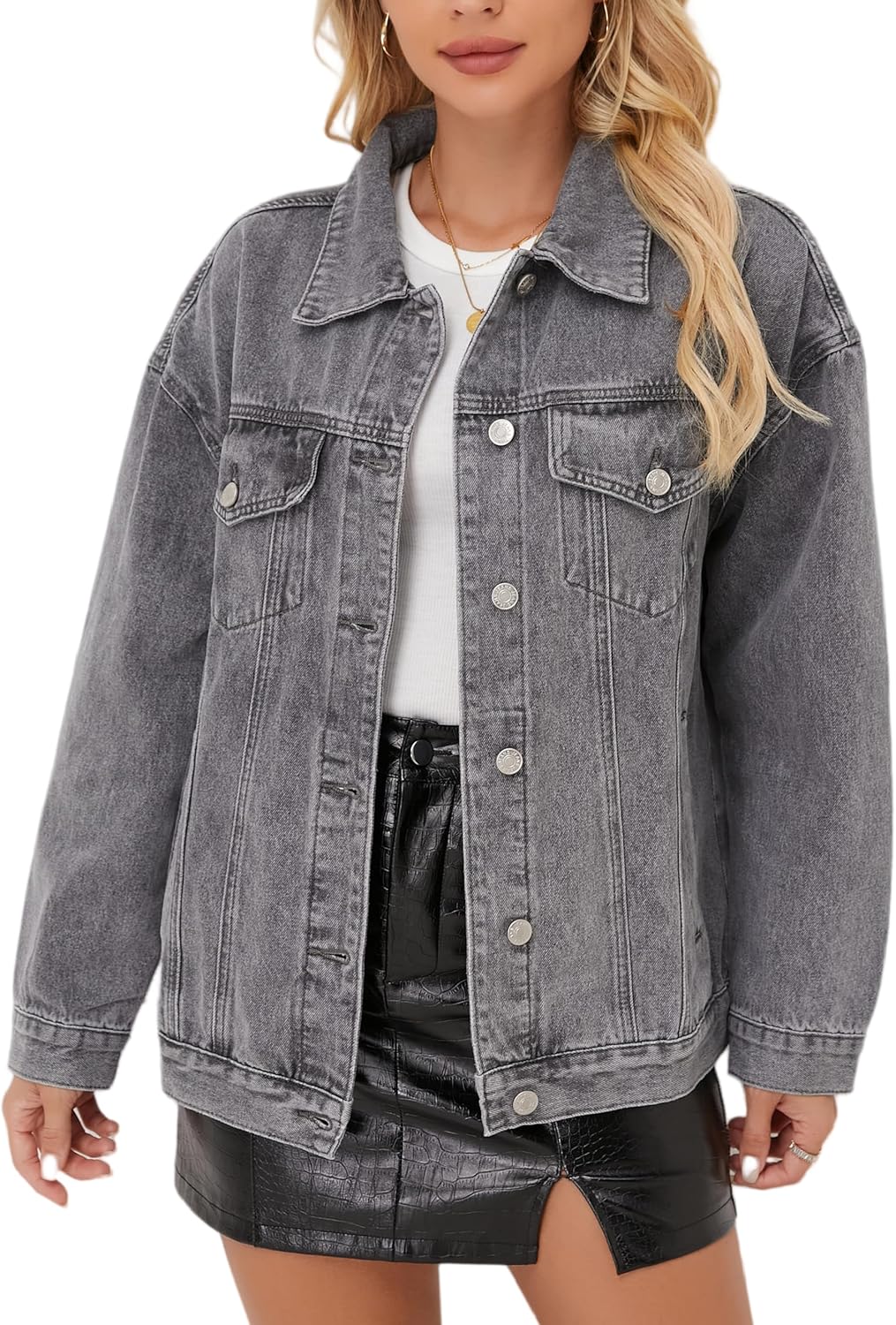 Muundim Jean Jacket for Women, Oversize Trendy Denim Jacket, Women’s Loose Long Boyfriend Jean Jackets Coat