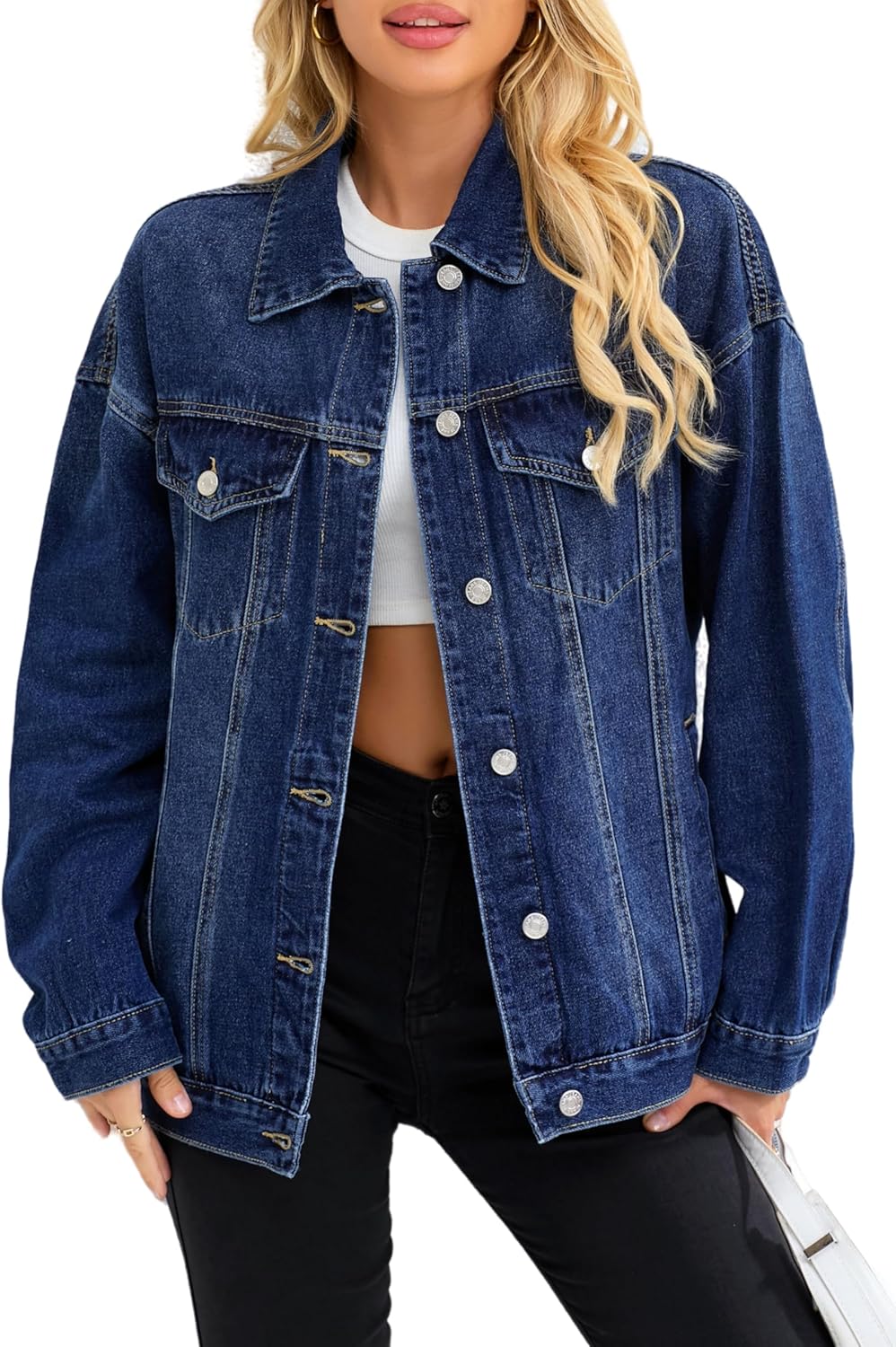 Muundim Jean Jacket for Women, Oversize Trendy Denim Jacket, Women’s Loose Long Boyfriend Jean Jackets Coat