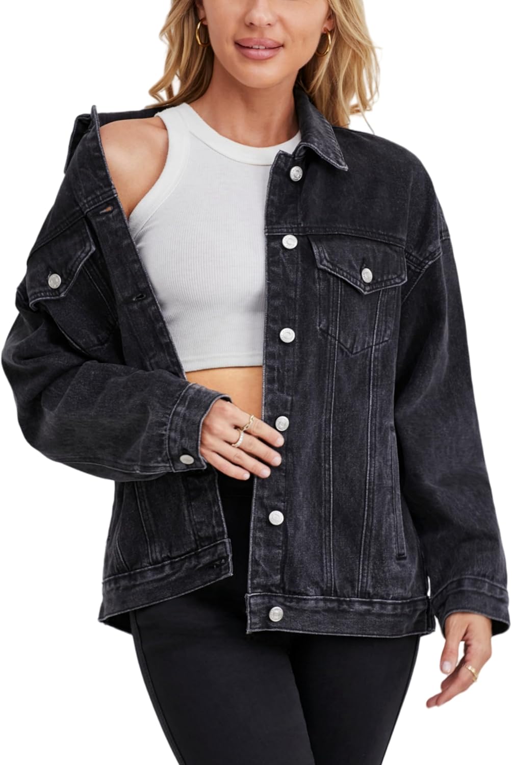 Muundim Jean Jacket for Women, Oversize Trendy Denim Jacket, Women’s Loose Long Boyfriend Jean Jackets Coat