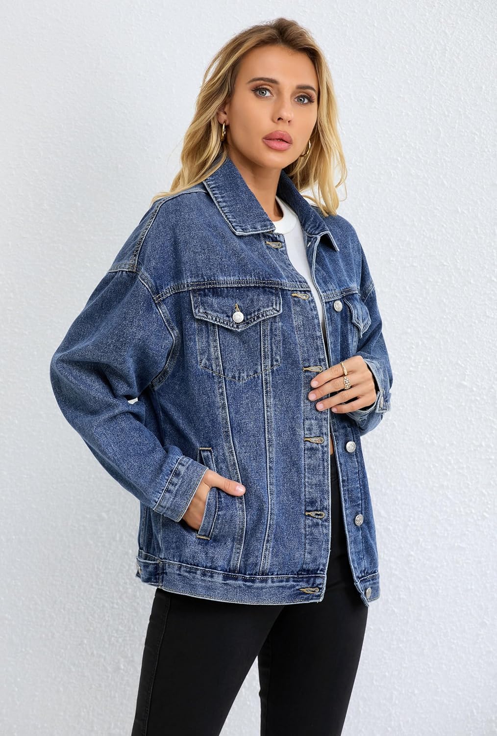 Muundim Jean Jacket for Women, Oversize Trendy Denim Jacket, Women’s Loose Long Boyfriend Jean Jackets Coat