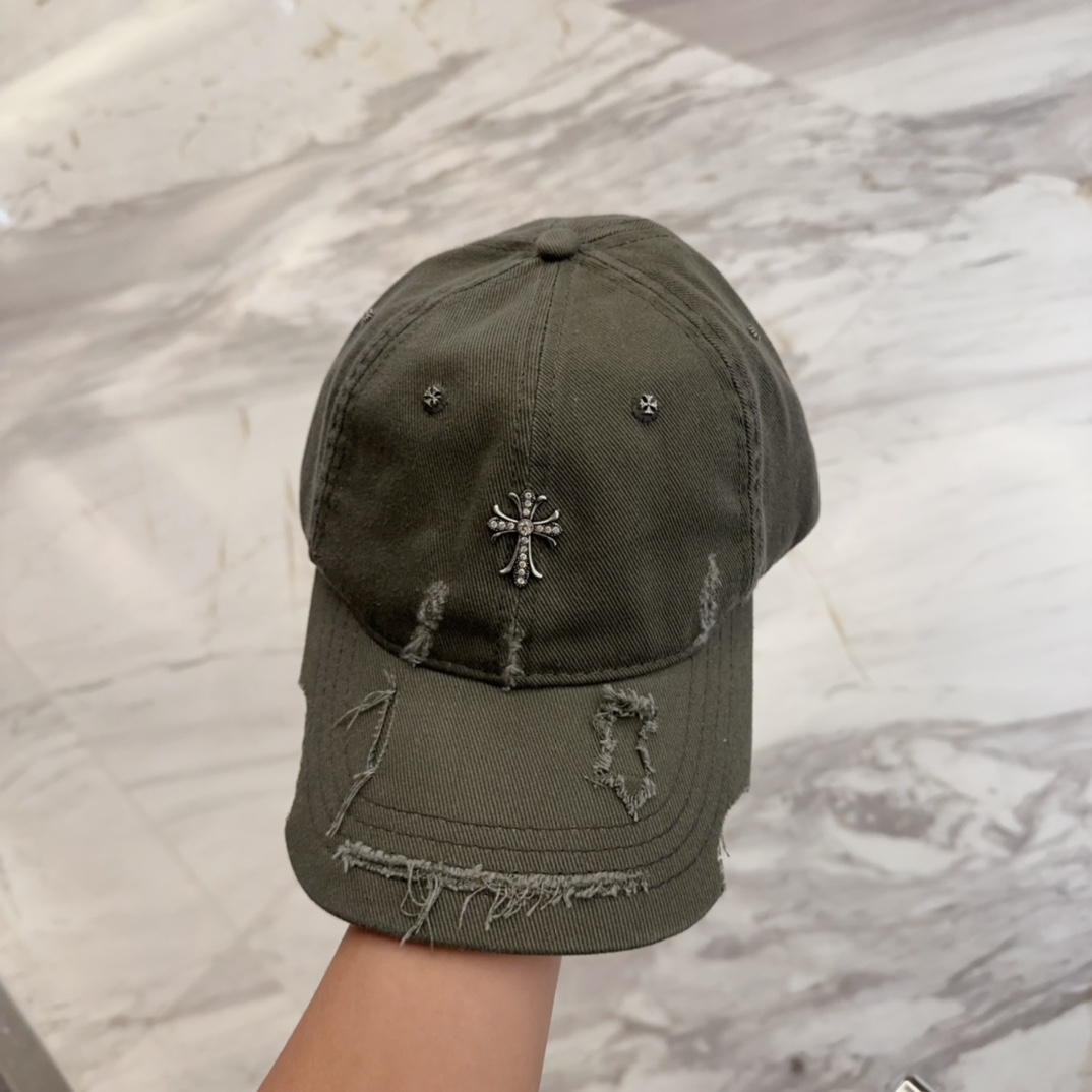 New Chrome Hearts Style Cap Hat Gray Iron Cross Women’s Men’s With Torn Effect