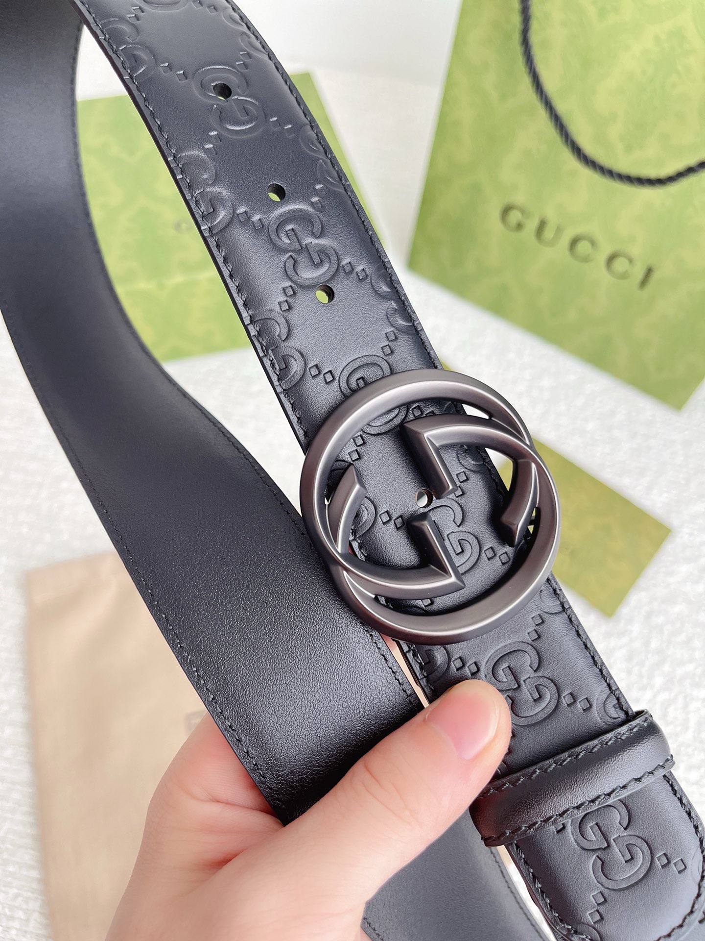 NEW Gucci Men Belt with Logo Black Leather Silver Buckle US Size 34