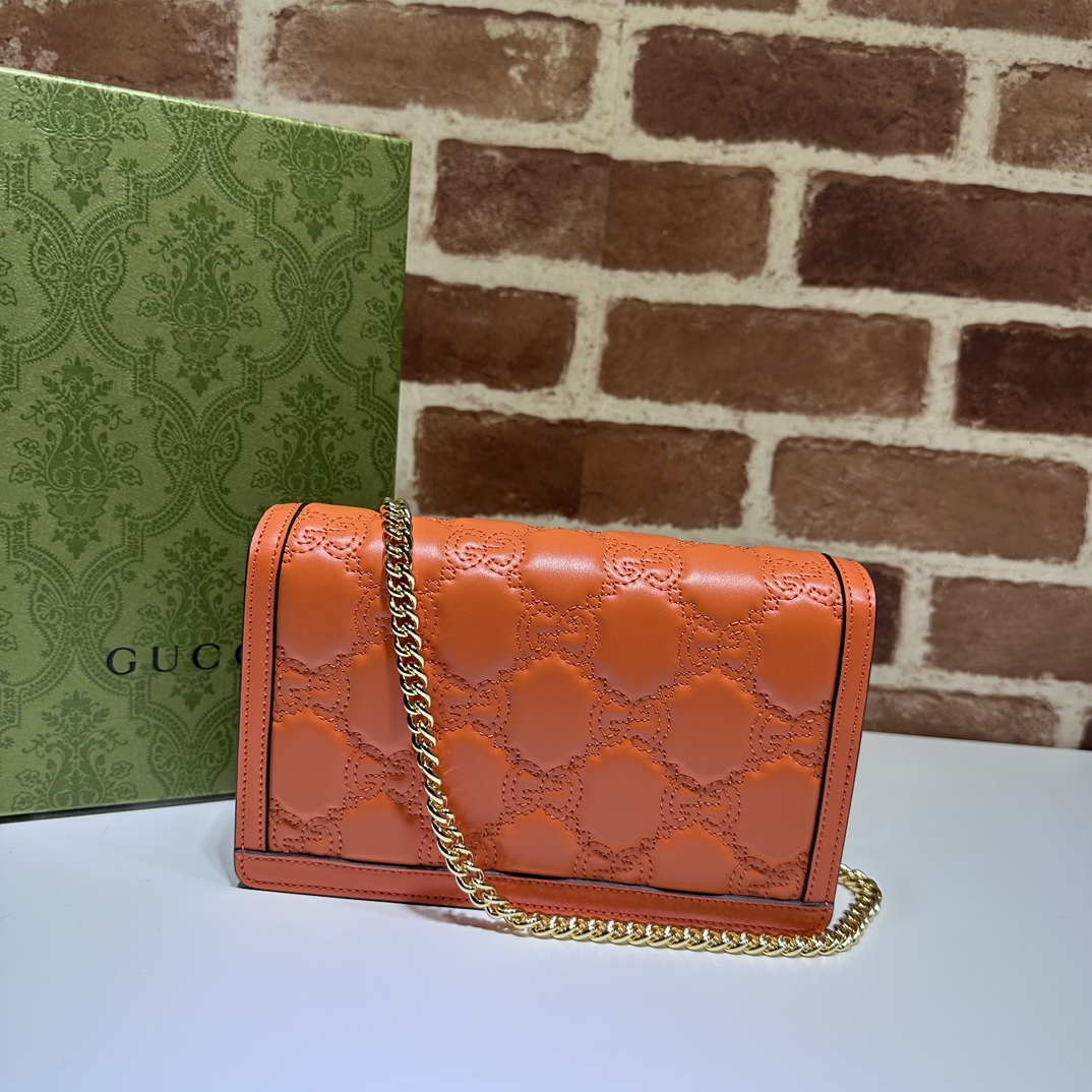 NEW GUCCI ORANGE GG MATELASSE SIGNATURE LEATHER CHAIN WALLET CLUTCH BAG