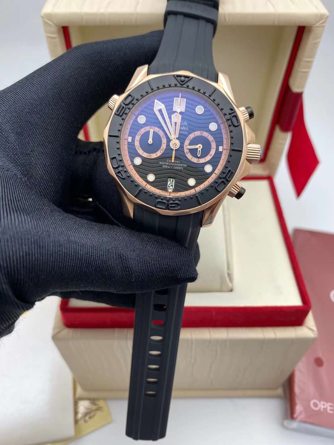 OMEGA SEAMASTER DIVER 300m 44mm HALF-GOLD IN BLACK RUBBER STRAP BLUE CERAMIC WAVE DIAL 210.22.44.51.03.00