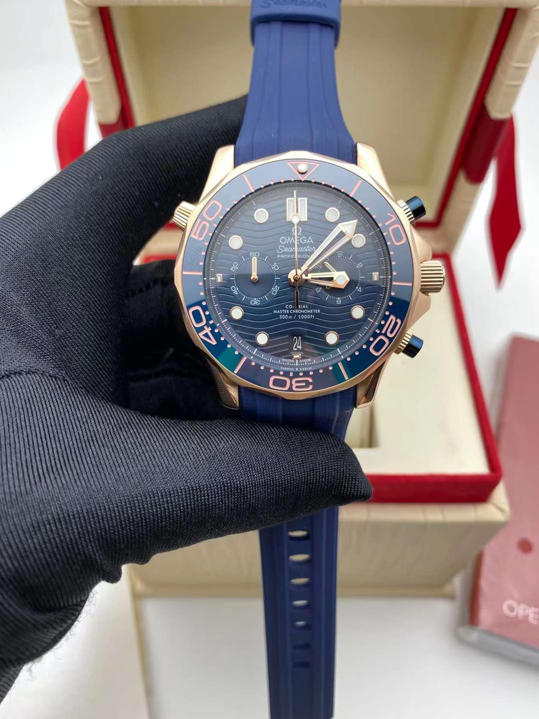 OMEGA SEAMASTER DIVER 300m 44mm HALF-GOLD IN BLUE RUBBER STRAP BLUE CERAMIC WAVE DIAL 210.22.44.51.03.00