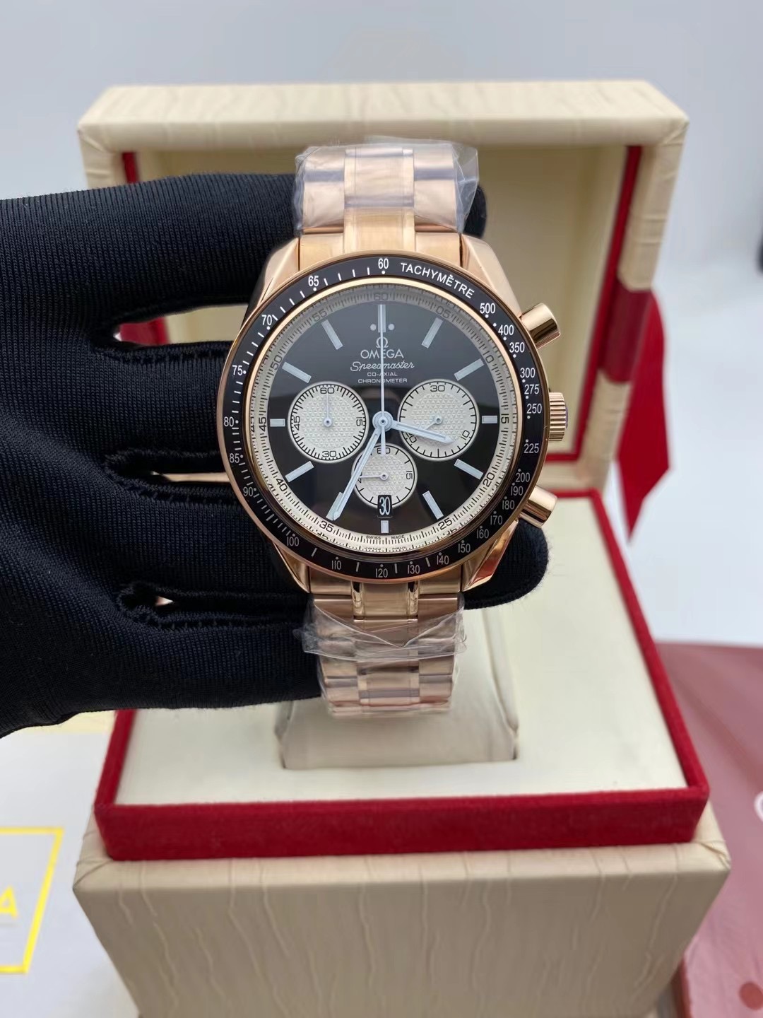 Omega Speedmaster Racing Co-Axial Chronometer Black Dial Rose Gold Case
