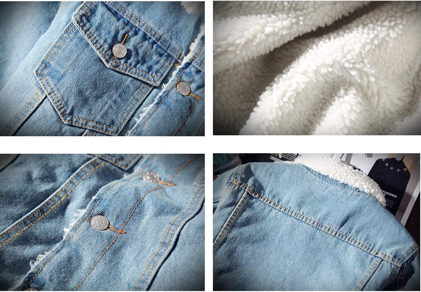 Omoone Men’s Lapel Sherpa Fleece Lined Thicken Denim Jean Trucker Jacket Coats