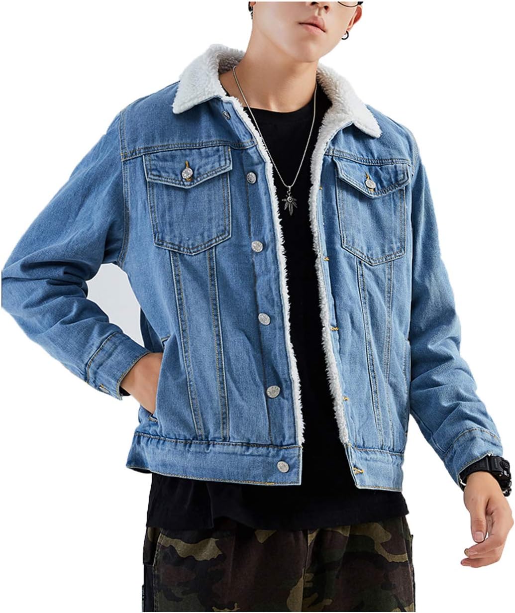 Omoone Men’s Lapel Sherpa Fleece Lined Thicken Denim Jean Trucker Jacket Coats