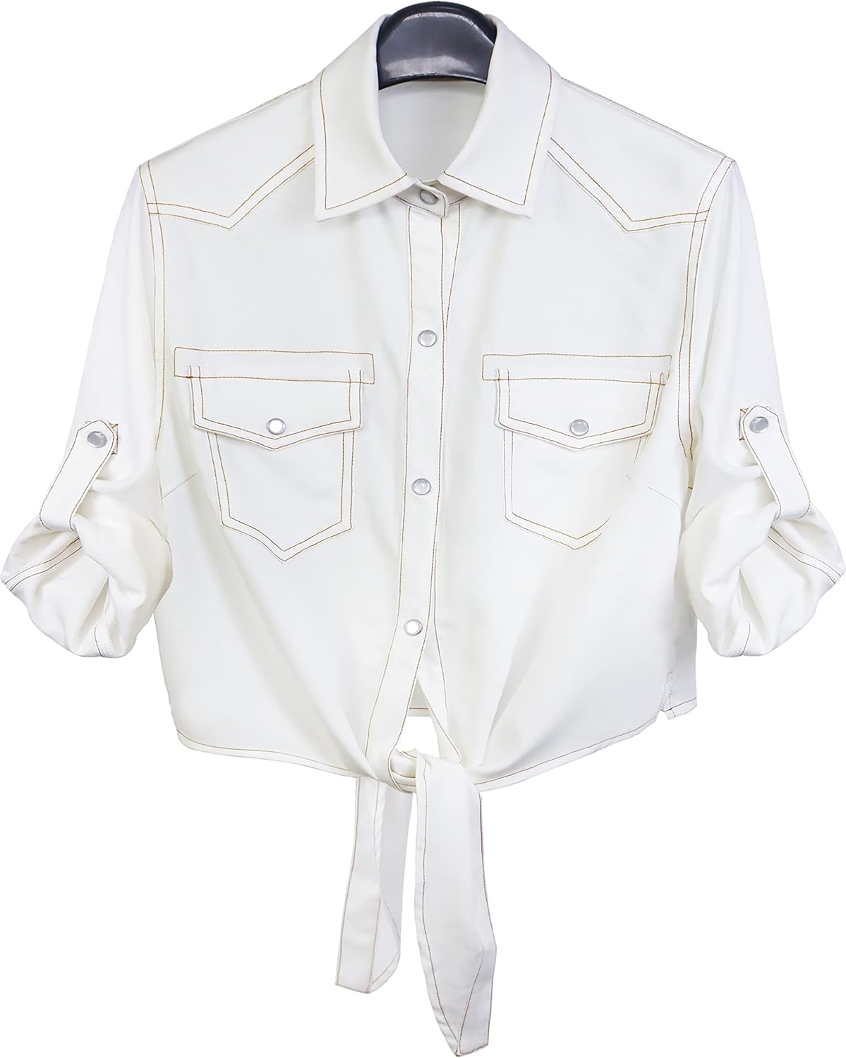 Omoone Women’s 3\/4 Sleeve Denim Crop Top Tie Knot Shirt Cardigan