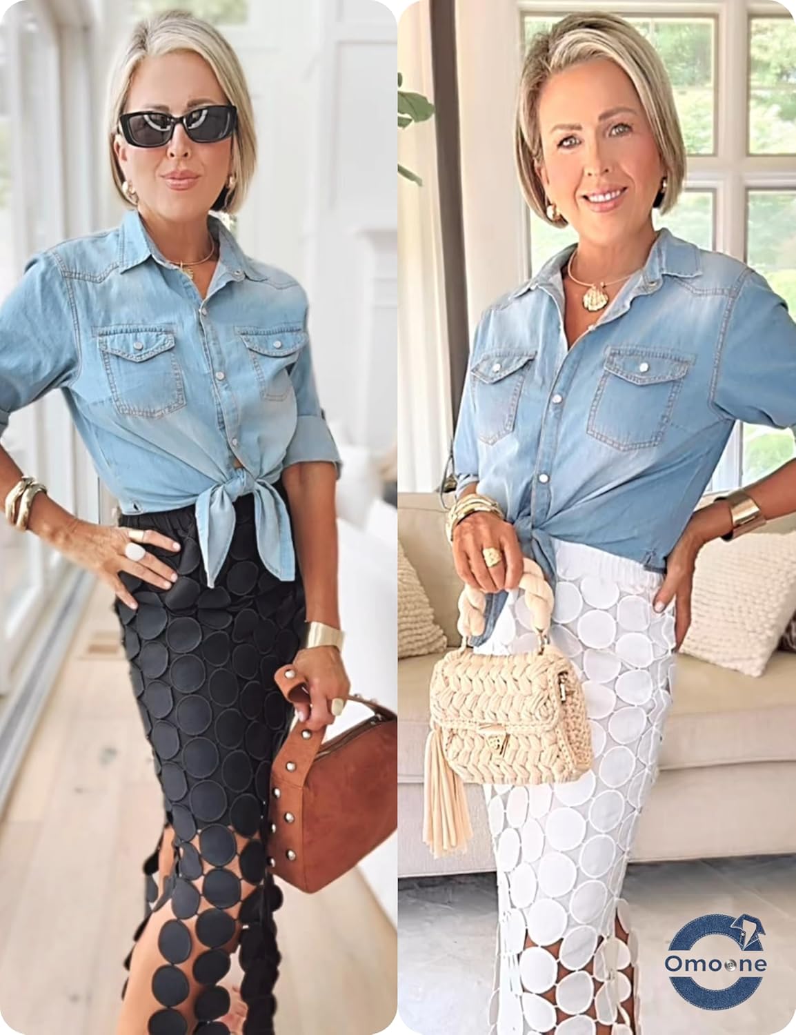 Omoone Women’s 3\/4 Sleeve Denim Crop Top Tie Knot Shirt Cardigan