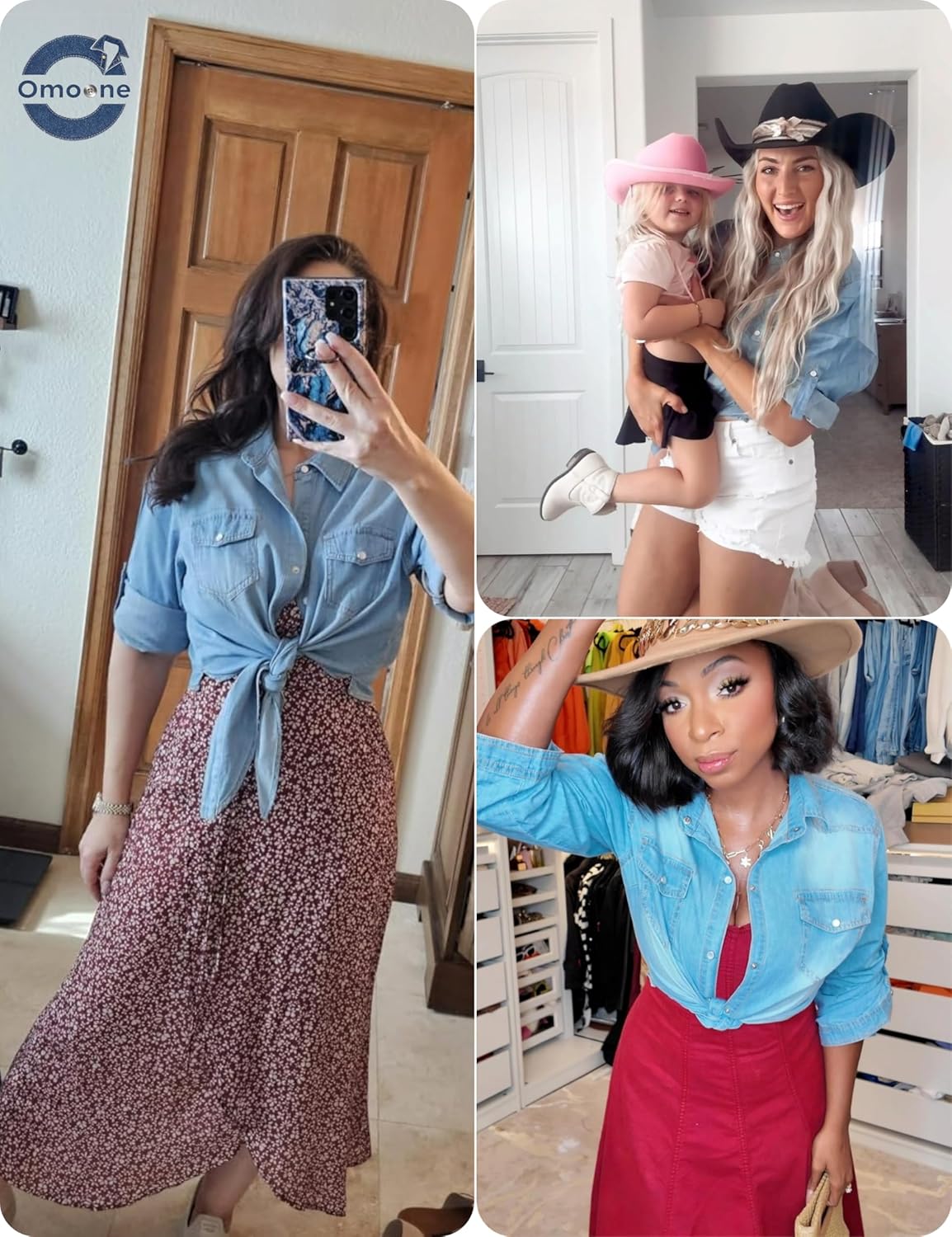 Omoone Women’s 3\/4 Sleeve Denim Crop Top Tie Knot Shirt Cardigan