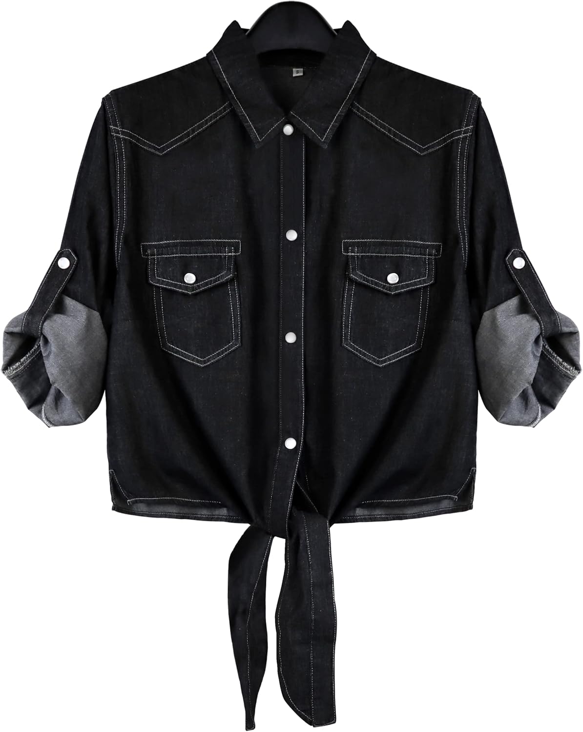 Omoone Women’s 3\/4 Sleeve Denim Crop Top Tie Knot Shirt Cardigan