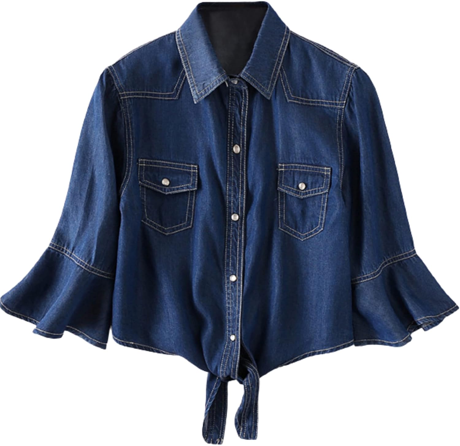 Omoone Women’s 3\/4 Sleeve Denim Crop Top Tie Knot Shirt Cardigan