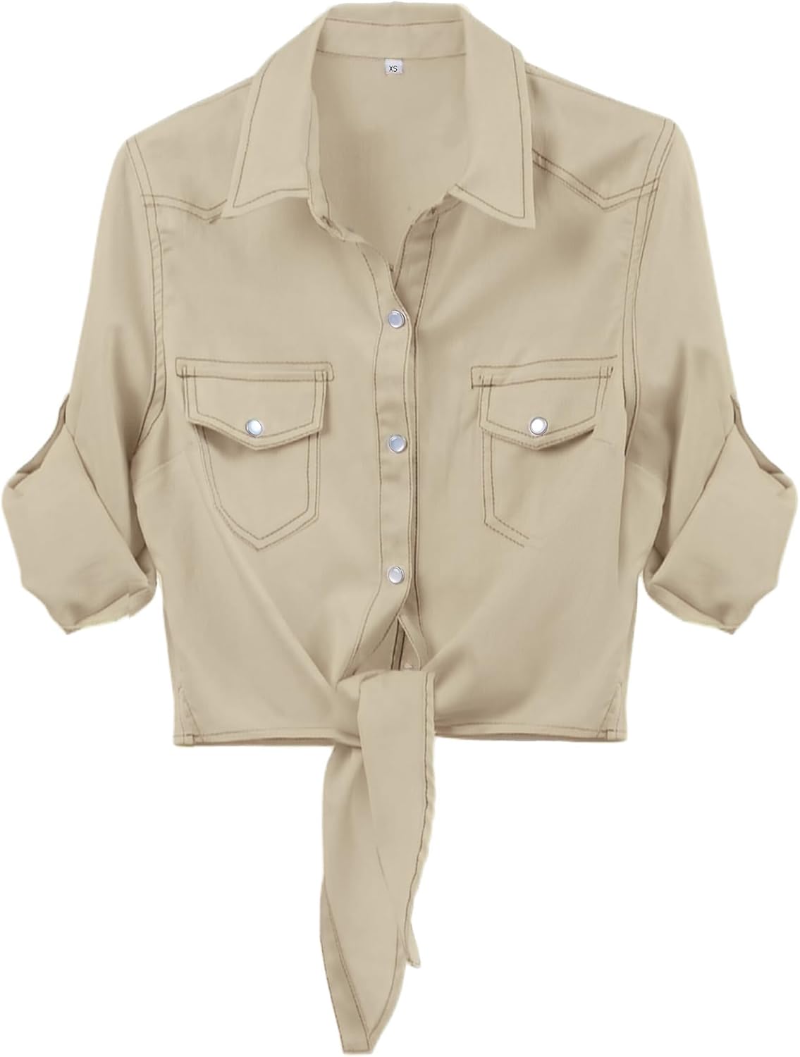 Omoone Women’s 3\/4 Sleeve Denim Crop Top Tie Knot Shirt Cardigan