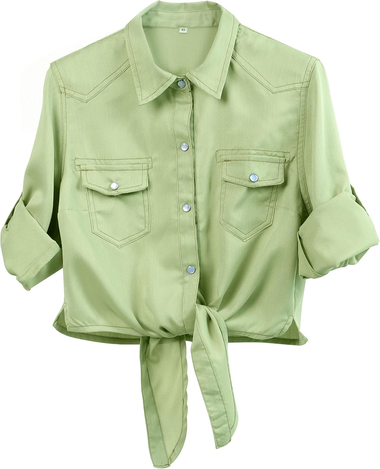 Omoone Women’s 3\/4 Sleeve Denim Crop Top Tie Knot Shirt Cardigan