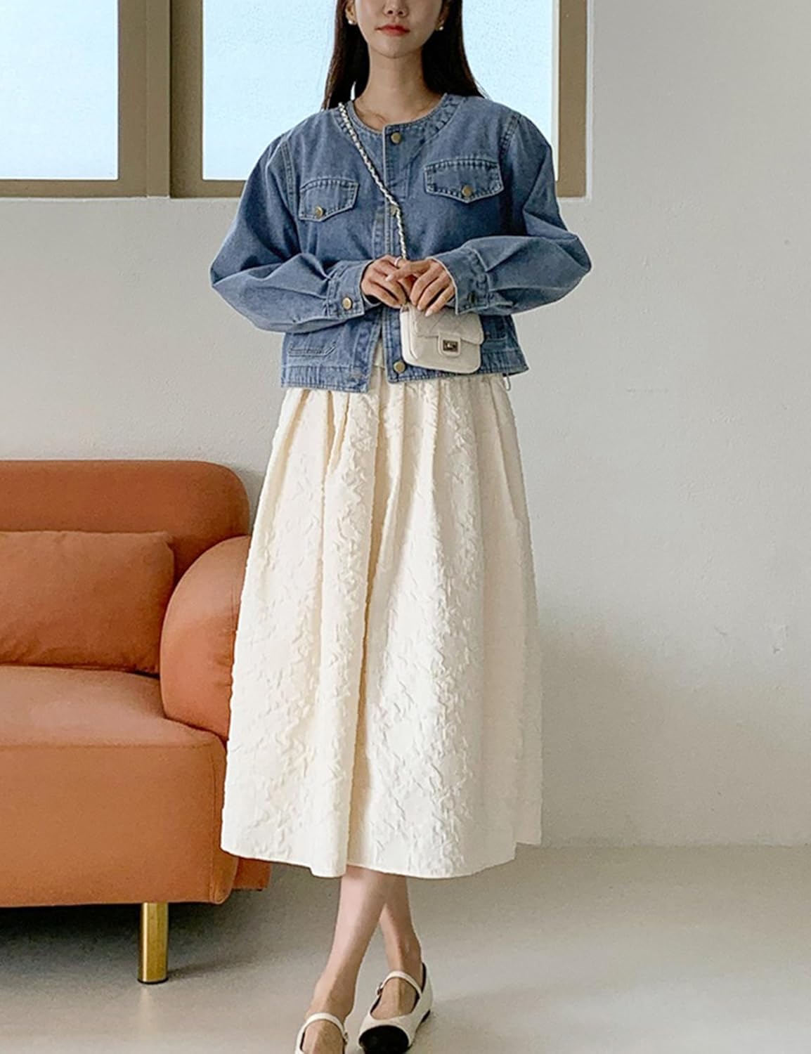 Omoone Women’s Denim Jacket Long Sleeve Crop Button Down Collarless Jean Coat with Pocket