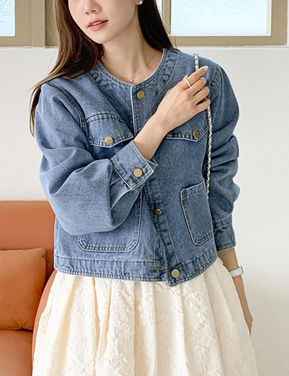 Omoone Women’s Denim Jacket Long Sleeve Crop Button Down Collarless Jean Coat with Pocket