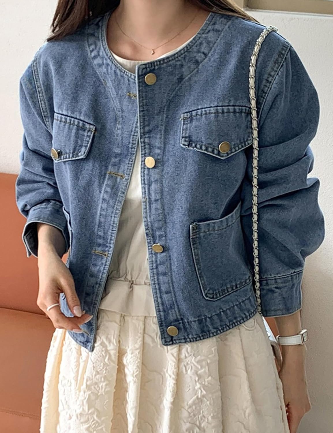 Omoone Women’s Denim Jacket Long Sleeve Crop Button Down Collarless Jean Coat with Pocket