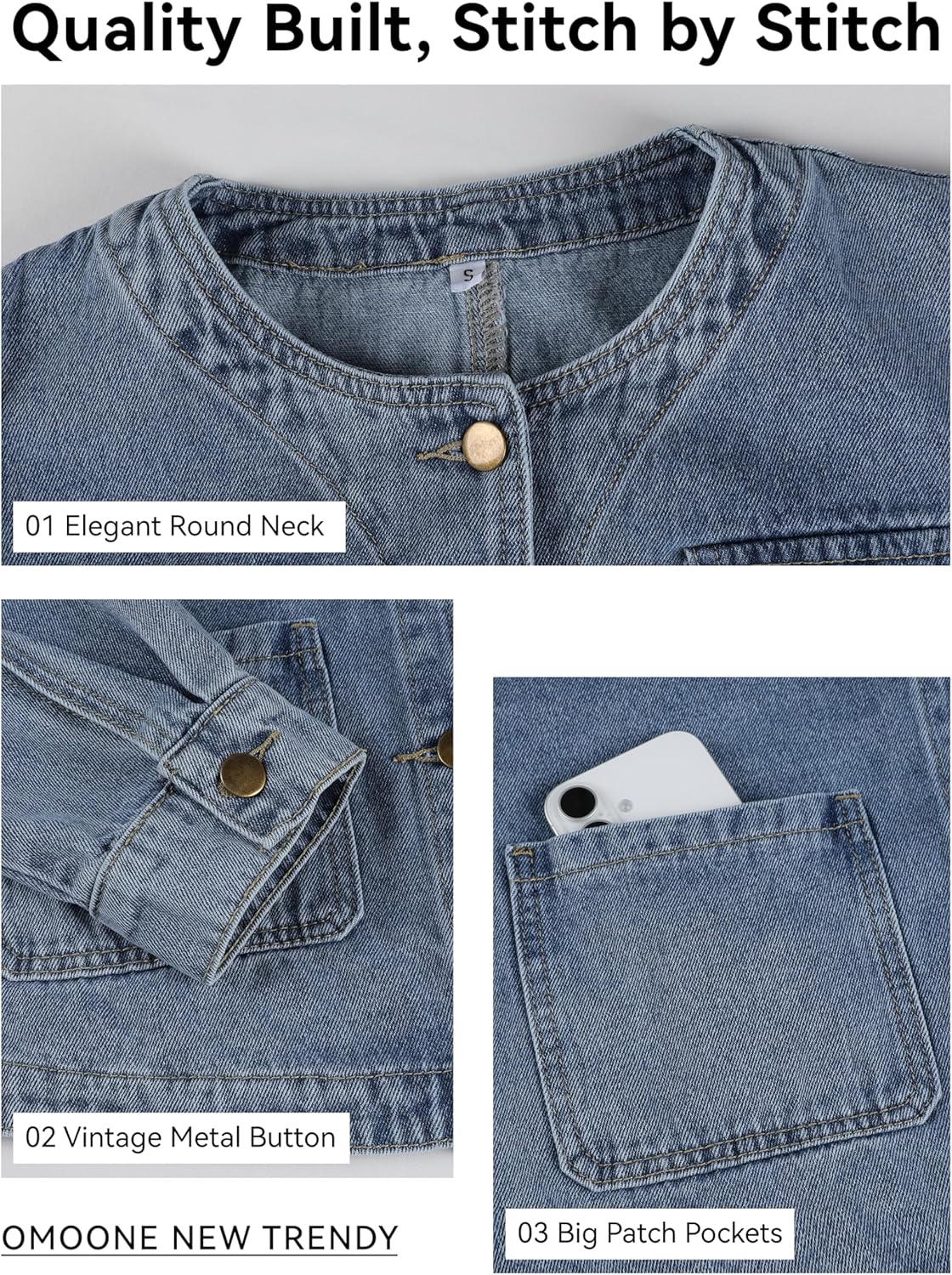Omoone Women’s Denim Jacket Long Sleeve Crop Button Down Collarless Jean Coat with Pocket