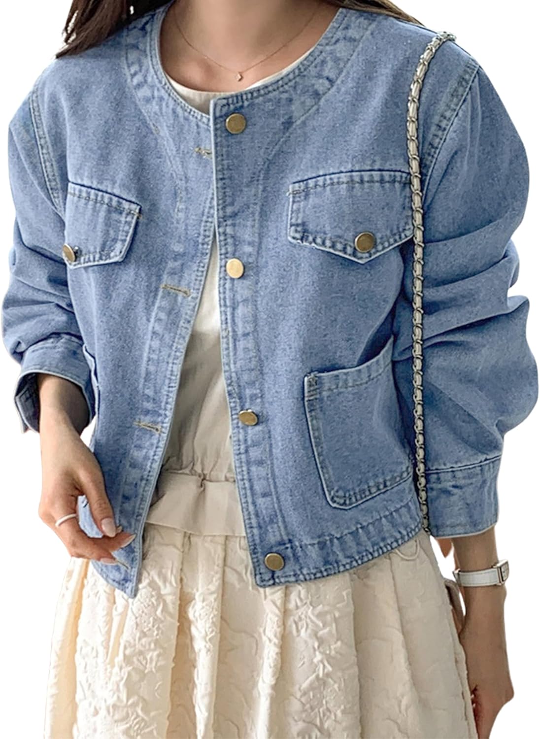 Omoone Women’s Denim Jacket Long Sleeve Crop Button Down Collarless Jean Coat with Pocket