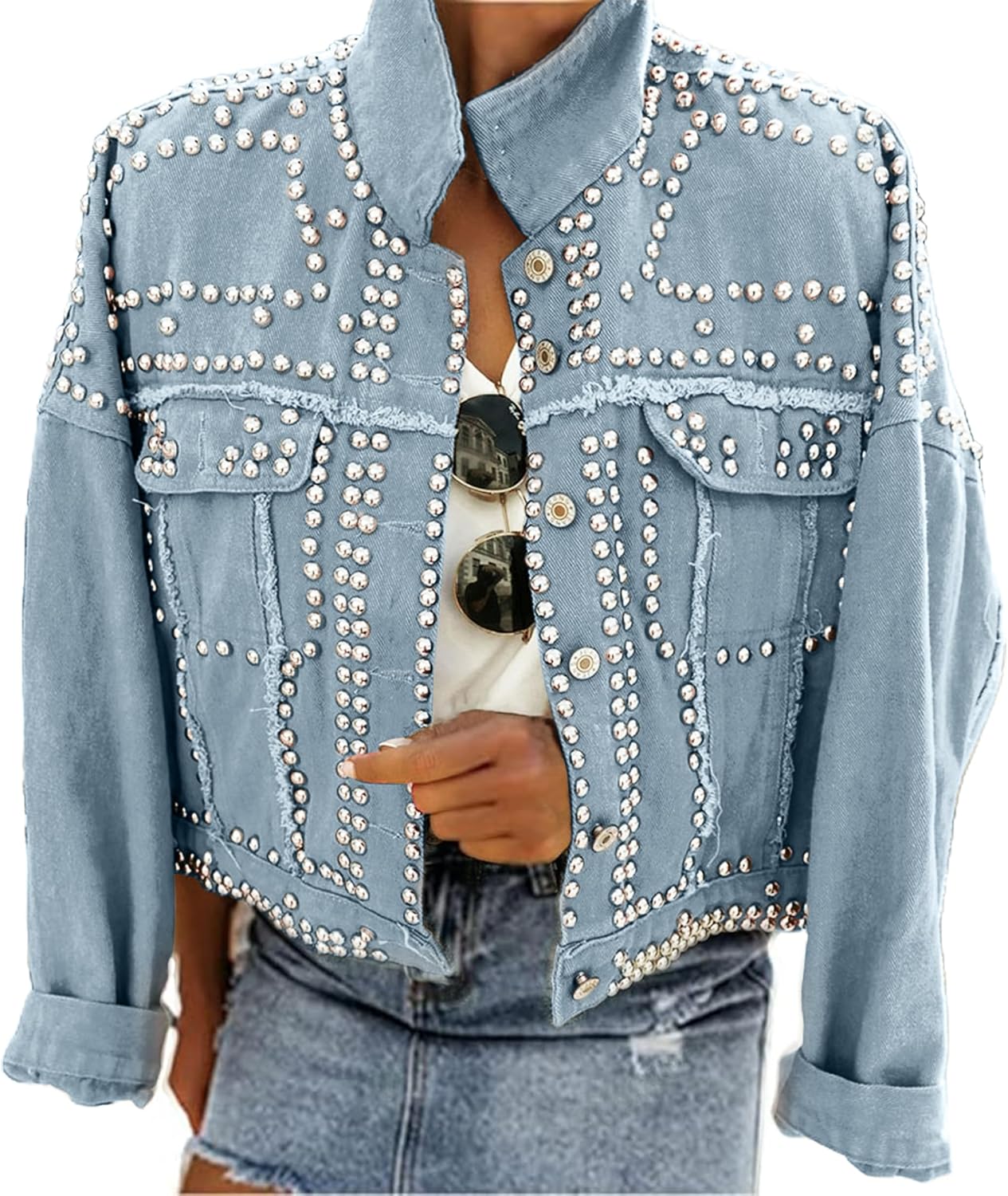 Omoone Women’s Long Sleeve Rivet Studded Denim Jacket Casual Washed Pearl Short Jean Coat