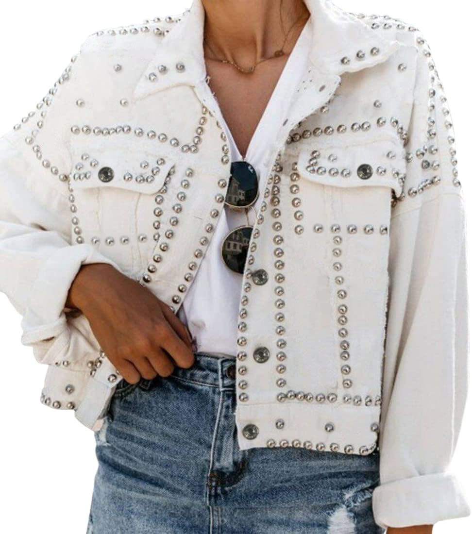 Omoone Women’s Long Sleeve Rivet Studded Denim Jacket Casual Washed Pearl Short Jean Coat