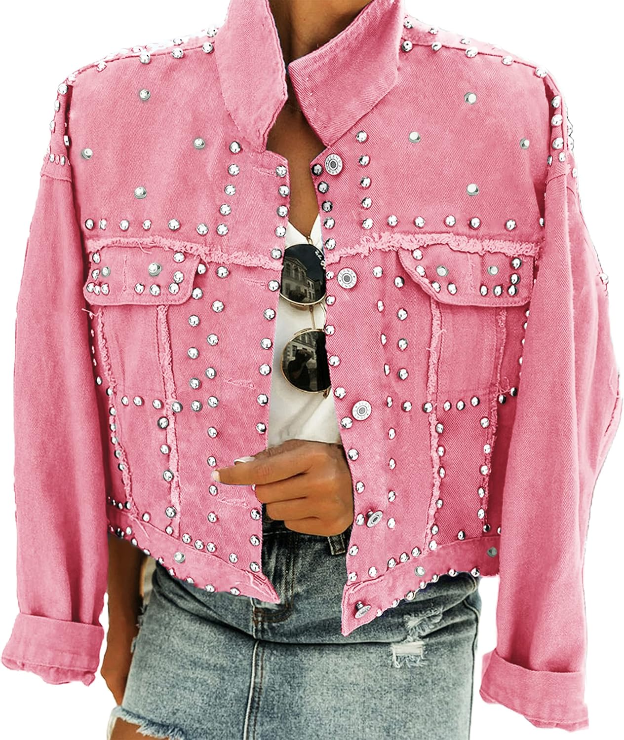 Omoone Women’s Long Sleeve Rivet Studded Denim Jacket Casual Washed Pearl Short Jean Coat