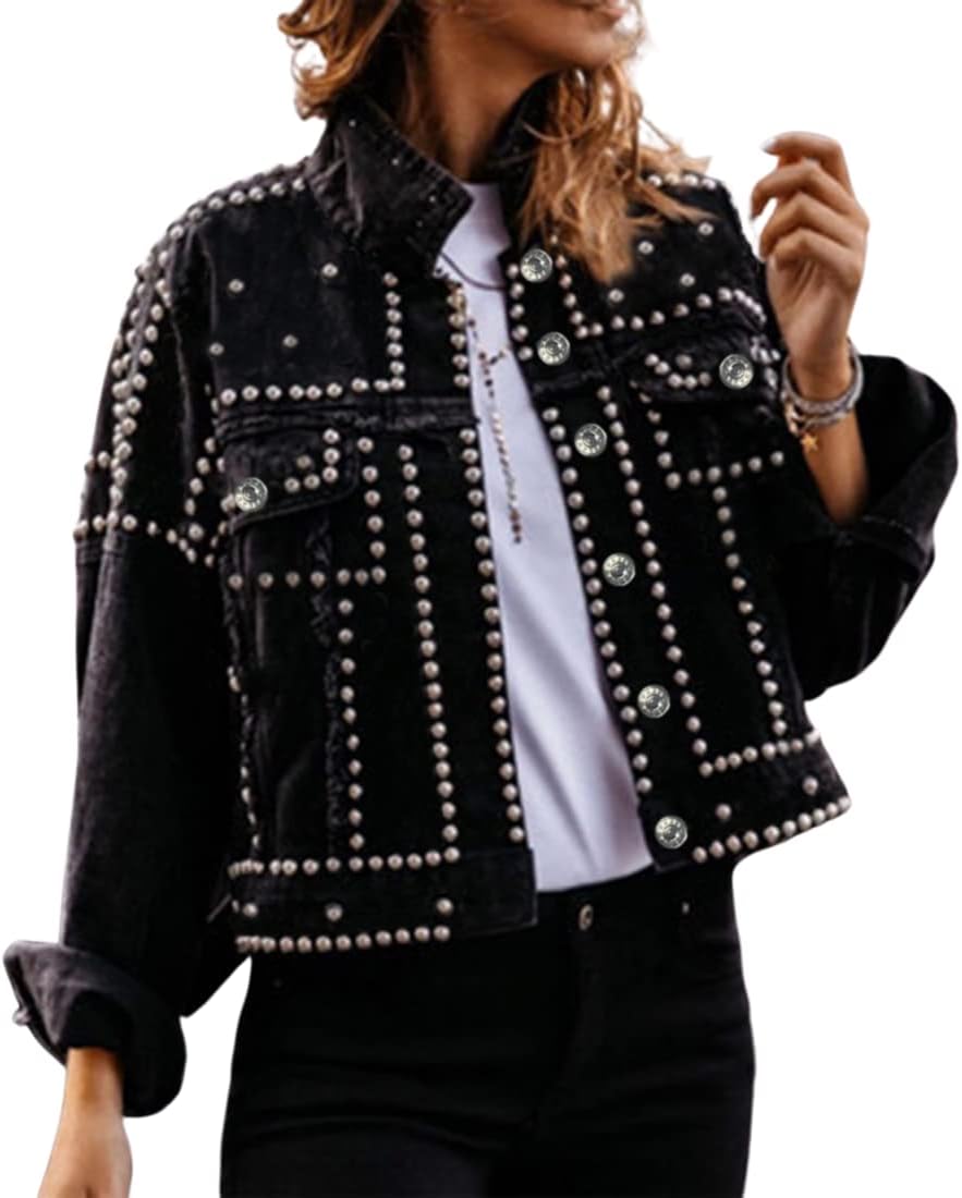 Omoone Women’s Long Sleeve Rivet Studded Denim Jacket Casual Washed Pearl Short Jean Coat