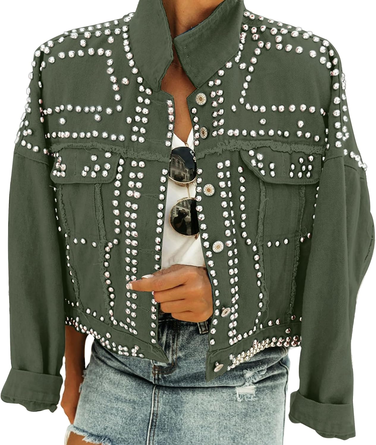 Omoone Women’s Long Sleeve Rivet Studded Denim Jacket Casual Washed Pearl Short Jean Coat