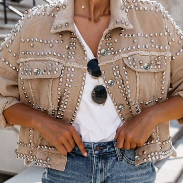 Omoone Women’s Long Sleeve Rivet Studded Denim Jacket Casual Washed Pearl Short Jean Coat