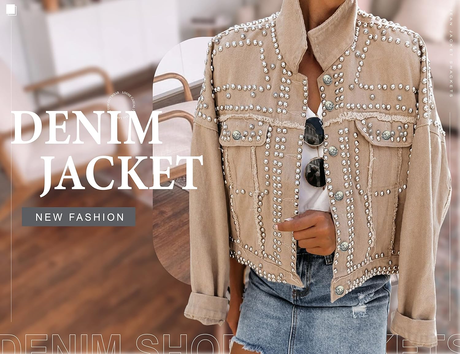 Omoone Women’s Long Sleeve Rivet Studded Denim Jacket Casual Washed Pearl Short Jean Coat