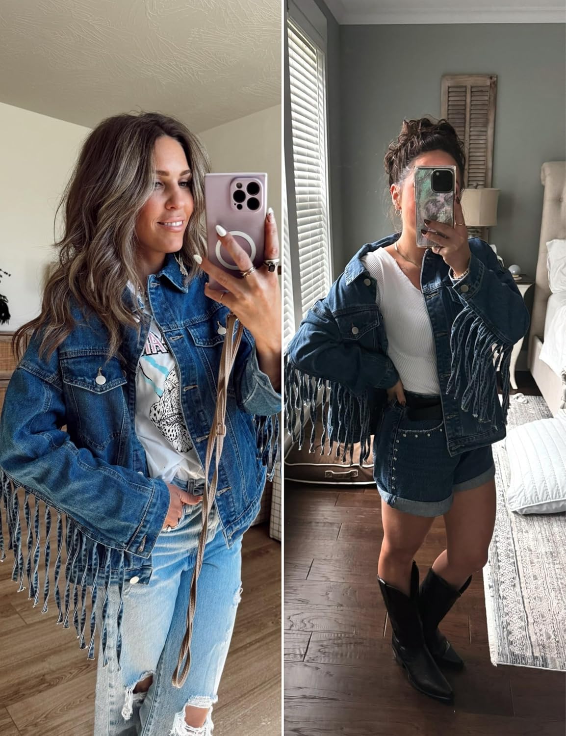 Omoone Women’s Oversized Denim Fringed Jacket Tassel Jean Jackets Fall Outfits 2025 with Pockets