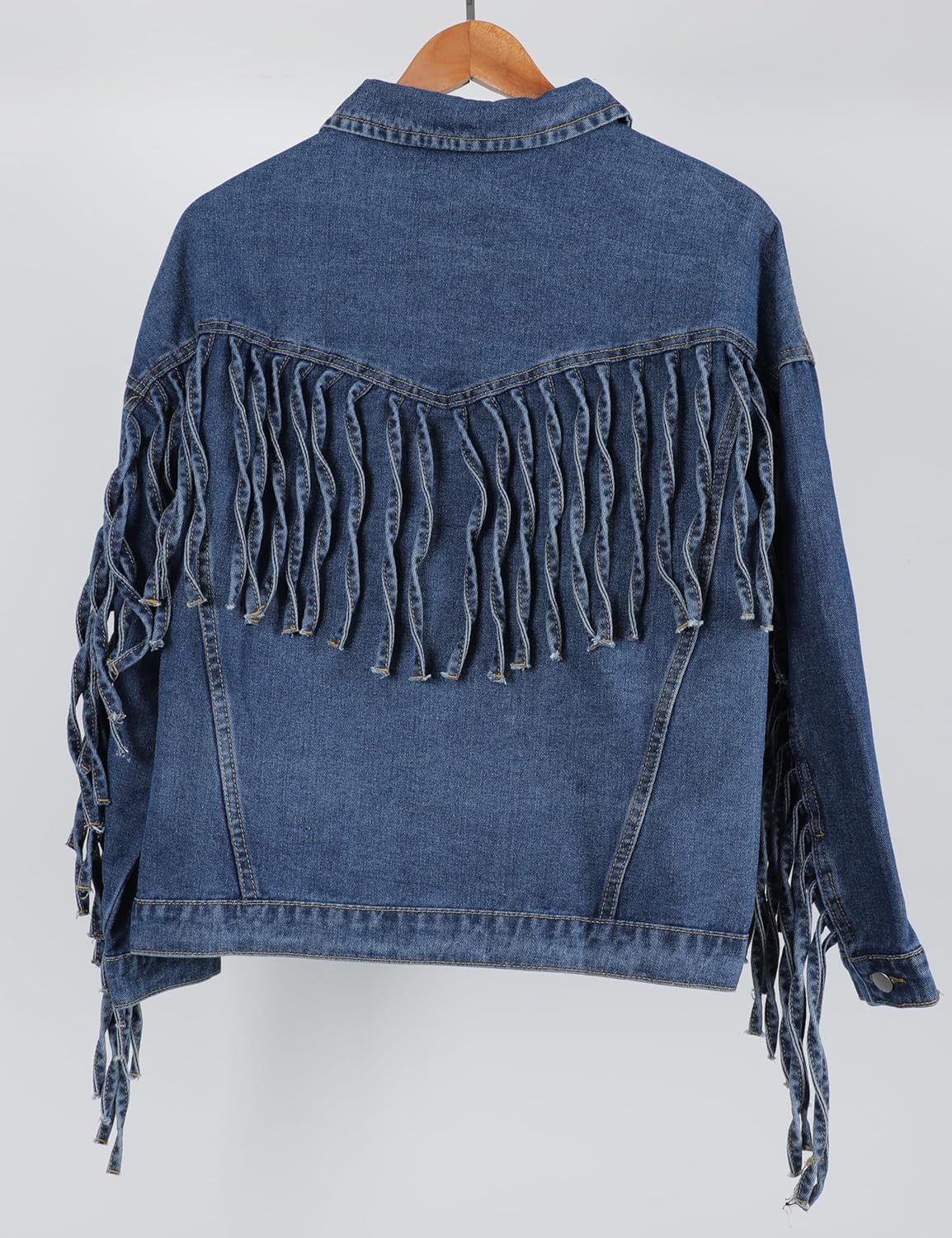 Omoone Women’s Oversized Denim Fringed Jacket Tassel Jean Jackets Fall Outfits 2025 with Pockets