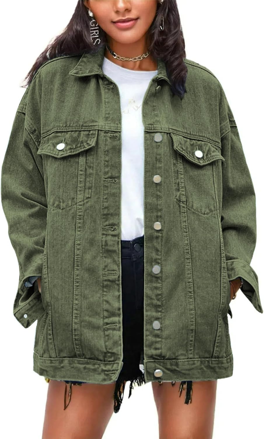 Omoone Women’s Oversized Mid Long Denim Jacket Jean Biker Coat