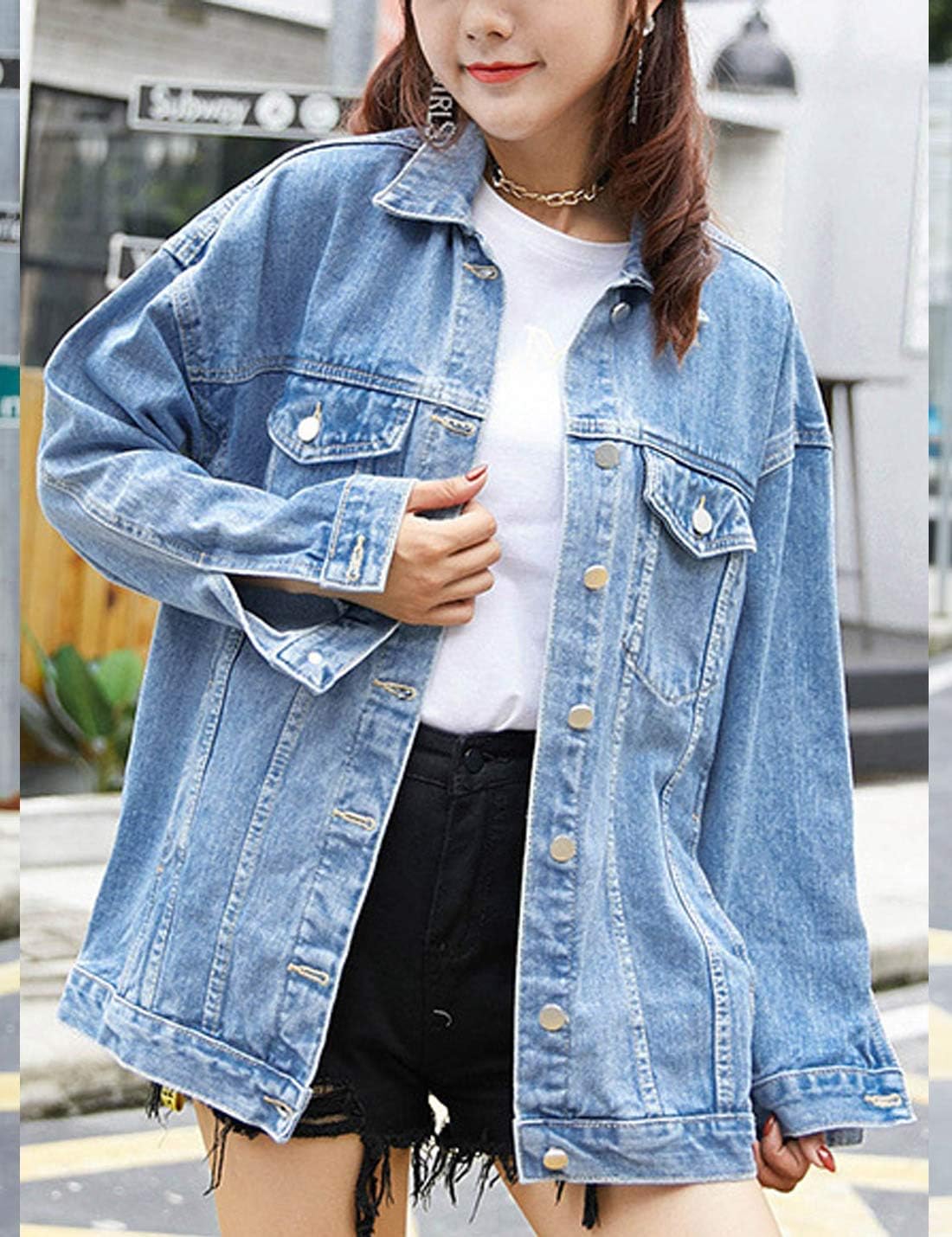 Omoone Women’s Oversized Mid Long Denim Jacket Jean Biker Coat