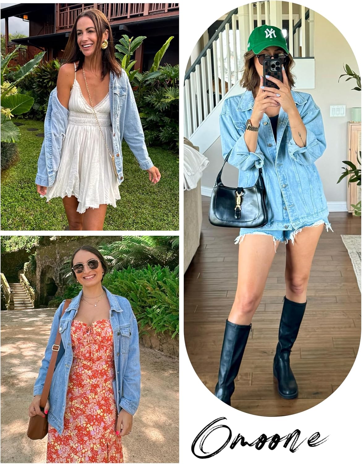 Omoone Women’s Oversized Mid Long Denim Jacket Jean Biker Coat