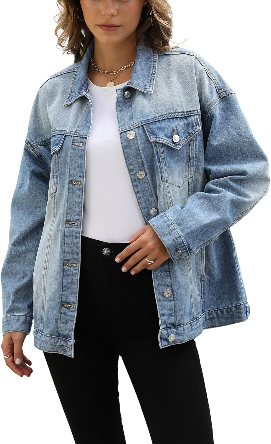 Omoone Women’s Oversized Mid Long Denim Jacket Jean Biker Coat
