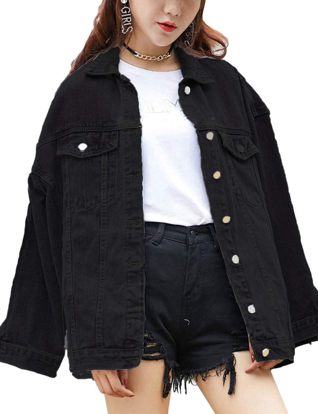 Omoone Women’s Oversized Mid Long Denim Jacket Jean Biker Coat