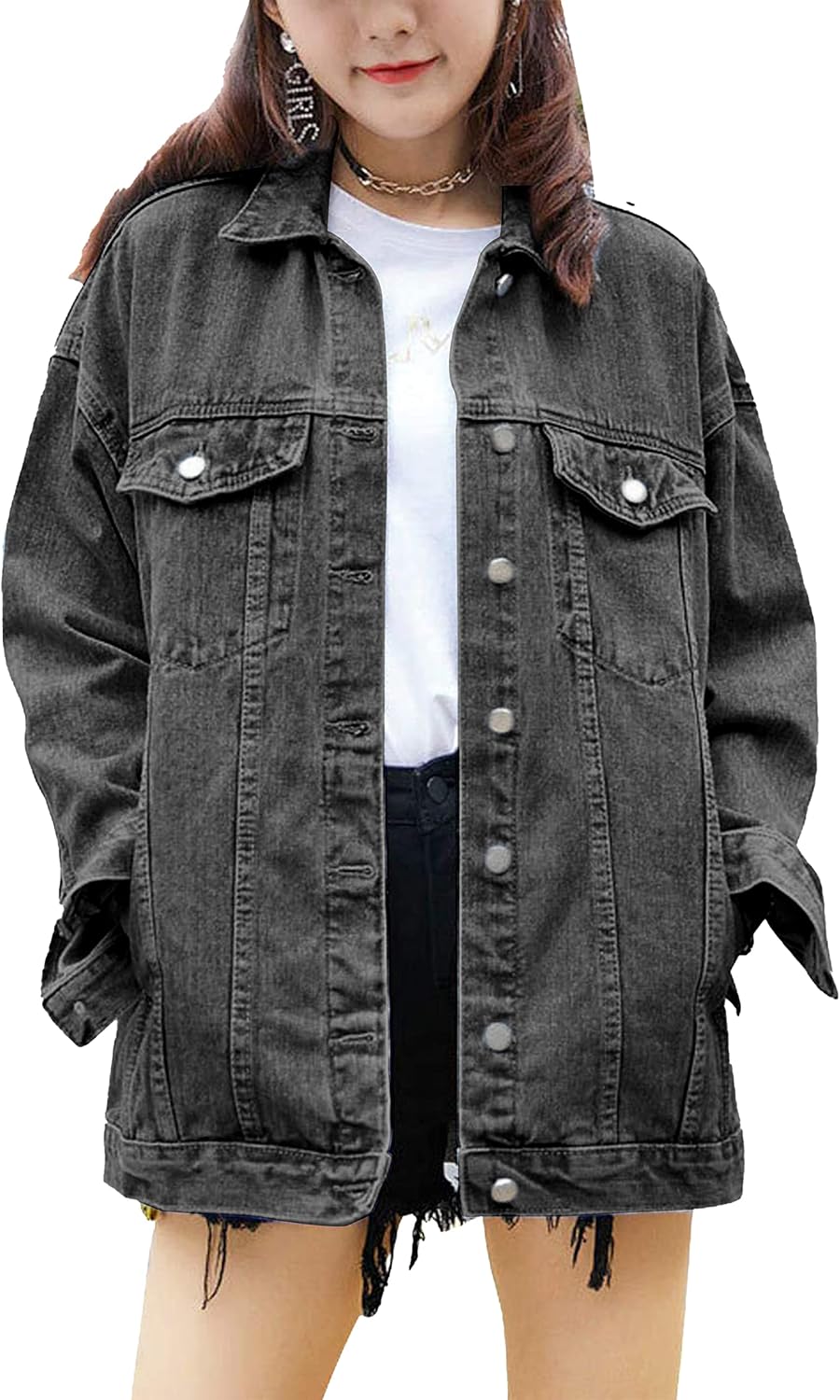 Omoone Women’s Oversized Mid Long Denim Jacket Jean Biker Coat