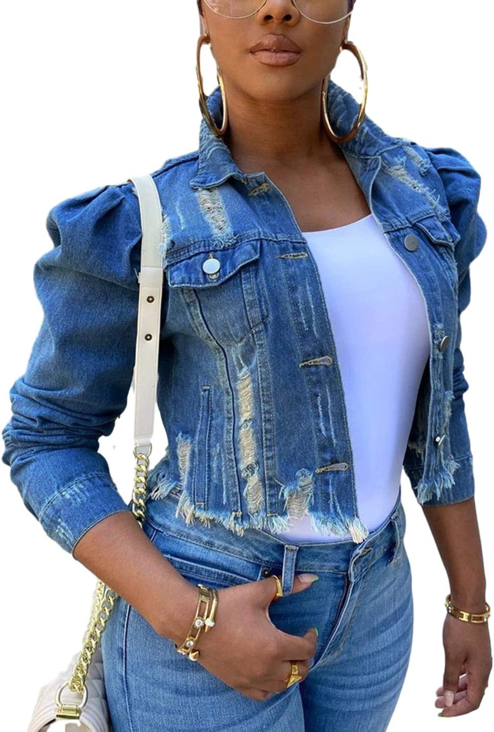 Omoone Women’s Ripped Puff Sleeve Denim Crop Top Long-Sleeve Cropped Jean Jacket