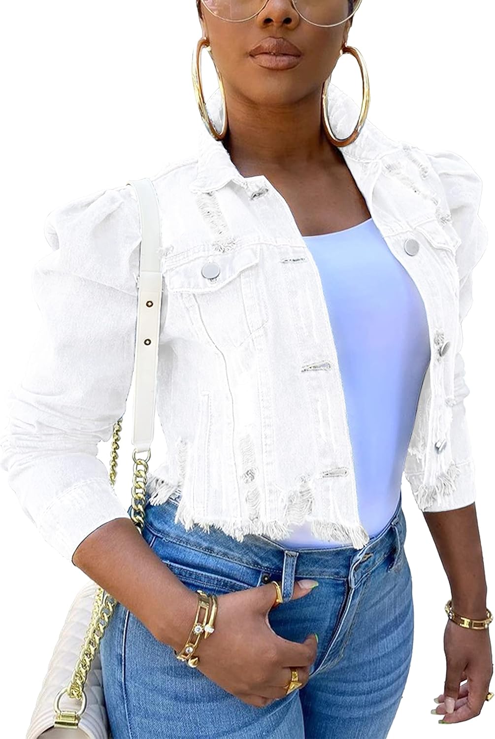 Omoone Women’s Ripped Puff Sleeve Denim Crop Top Long-Sleeve Cropped Jean Jacket