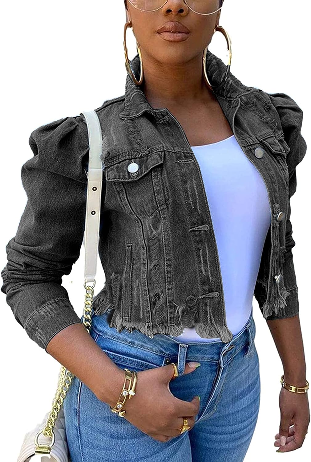 Omoone Women’s Ripped Puff Sleeve Denim Crop Top Long-Sleeve Cropped Jean Jacket