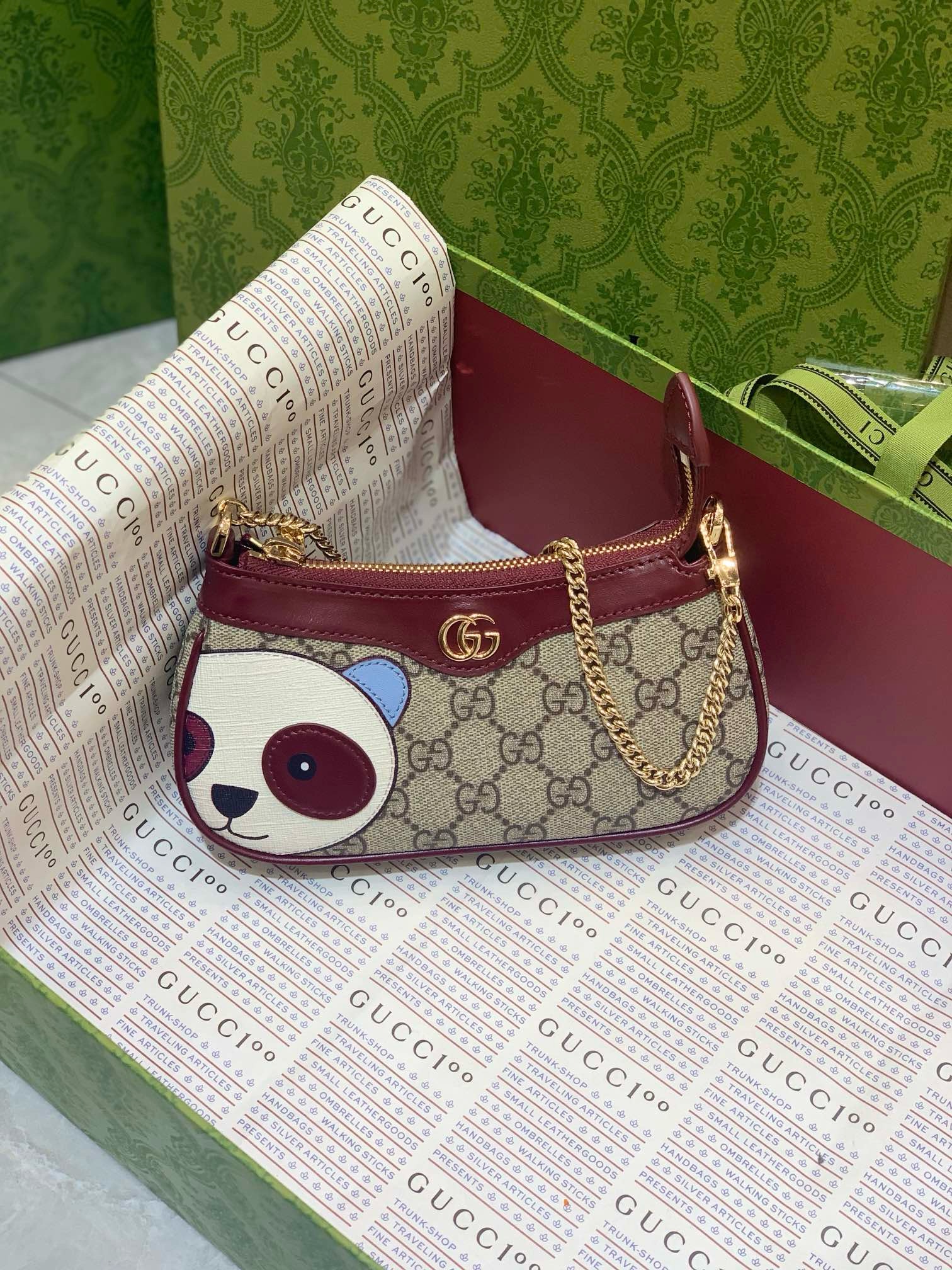 Gucci Ophidia Panda Mini Bag 2024 with GG Supreme canvas and red trim