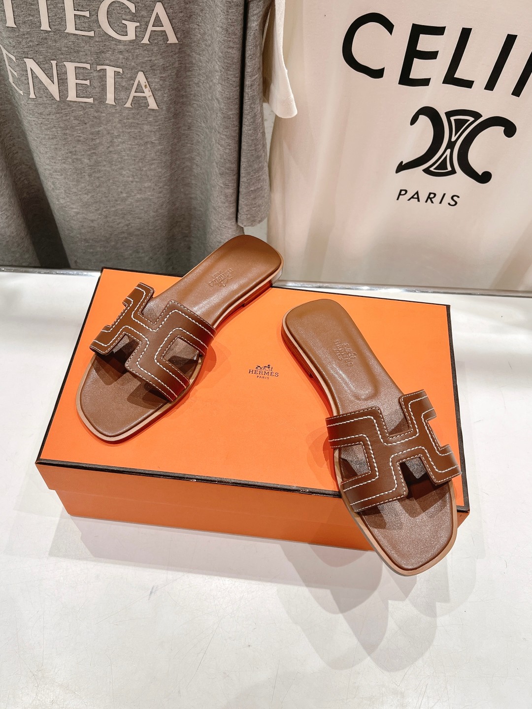 Hermès Brown Leather H Slides
