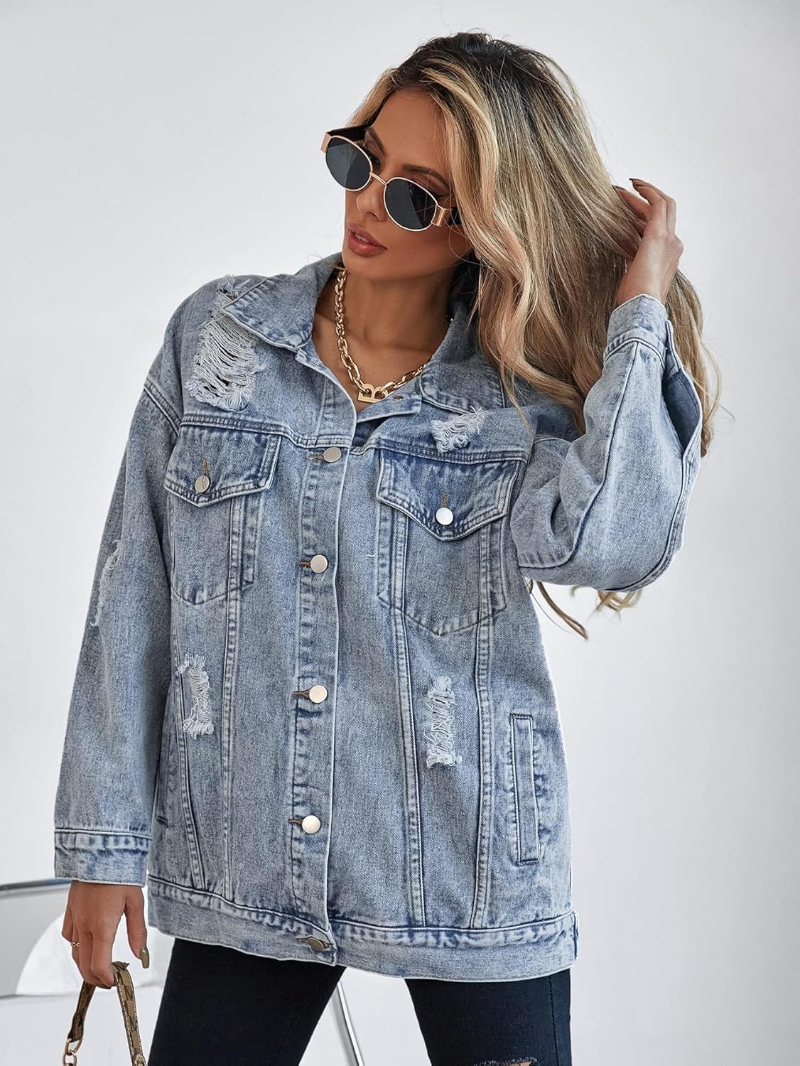 Oversize Denim Jacket for Women Ripped Jean Jacket Boyfriend Long Sleeve Trucker Coat