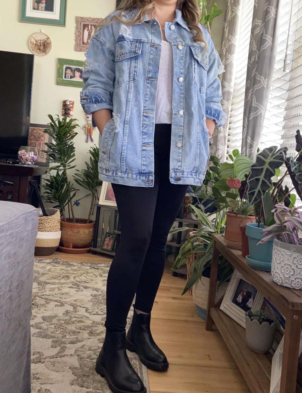 Oversize Denim Jacket for Women Ripped Jean Jacket Boyfriend Long Sleeve Trucker Coat