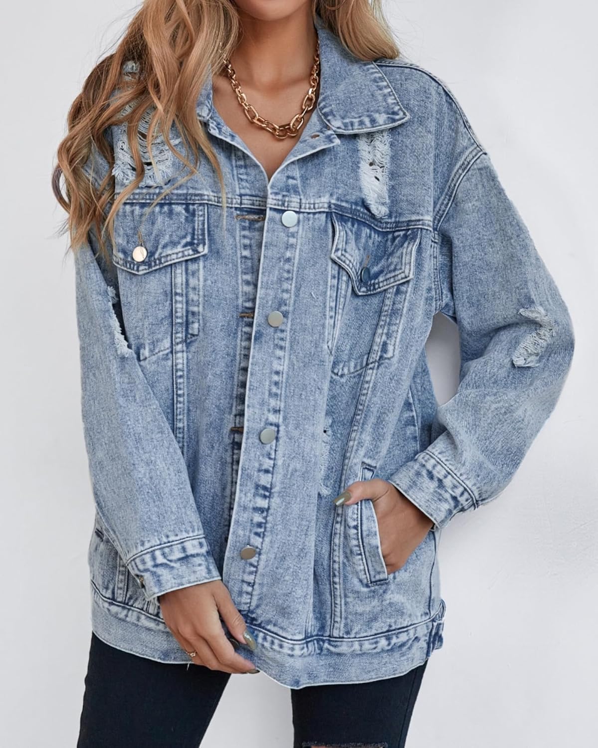 Oversize Denim Jacket for Women Ripped Jean Jacket Boyfriend Long Sleeve Trucker Coat