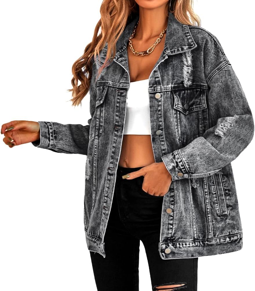 Oversize Denim Jacket for Women Ripped Jean Jacket Boyfriend Long Sleeve Trucker Coat