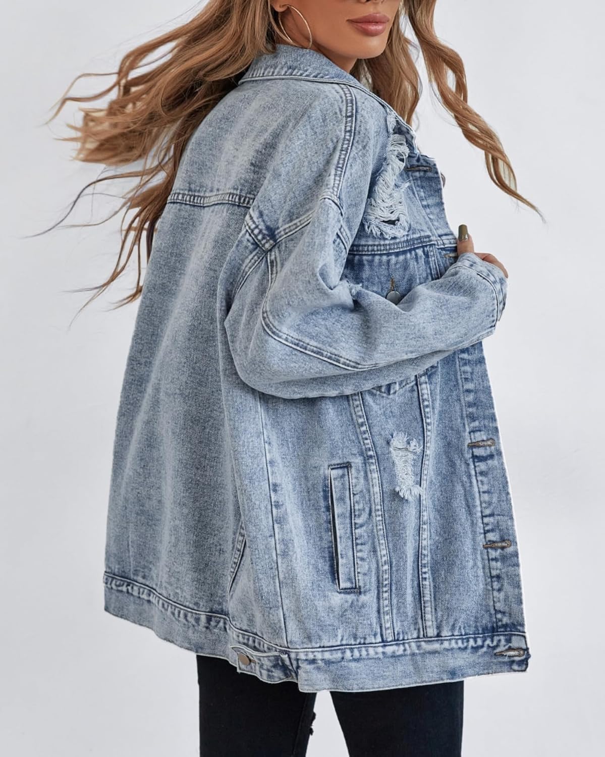 Oversize Denim Jacket for Women Ripped Jean Jacket Boyfriend Long Sleeve Trucker Coat