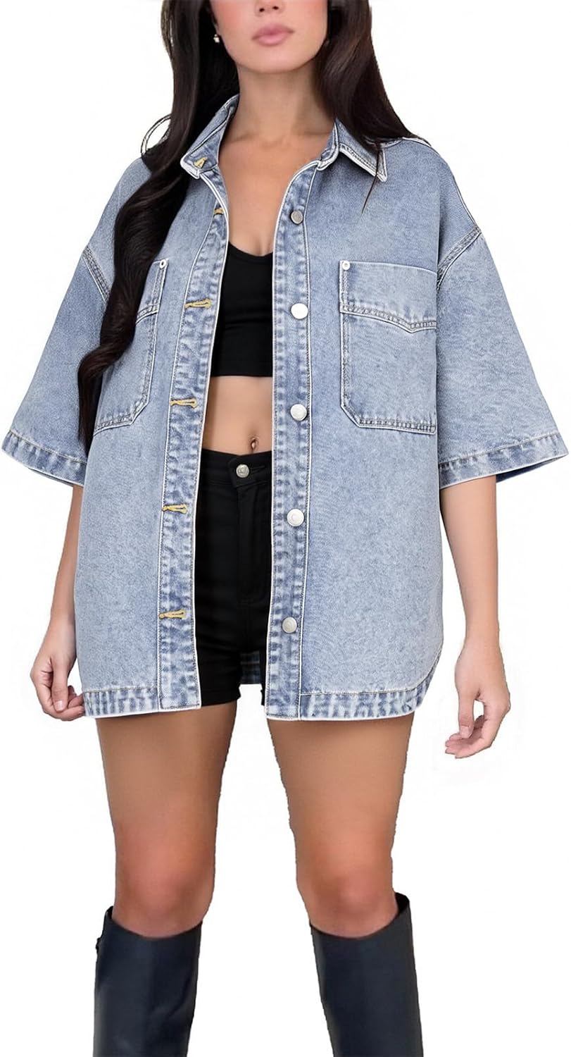 PAOLA RIBONI Womens Denim Jacket Wash Jean Jacket Coats With Pockets